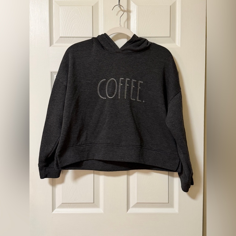 Womens Rae Dunn Cropped Hoodie Sweatshirt ‘COFFEE.’ Gray sz M